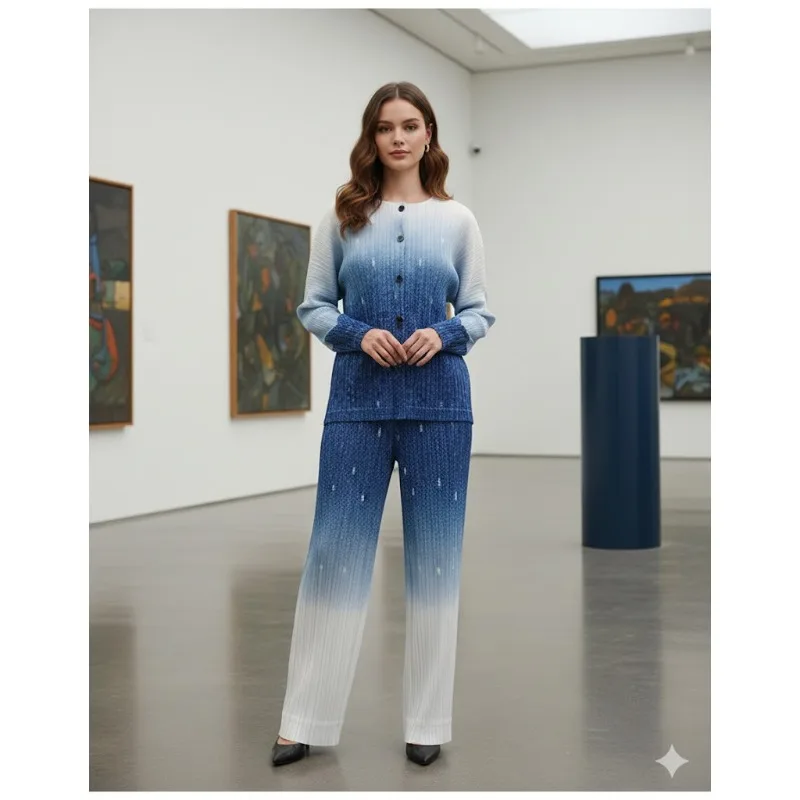 

Комплект плиссированных брюк Miyake Plisse 2026: Премиальный повседневный костюм с принтом, состоящий из свободной куртки и прямых брюк