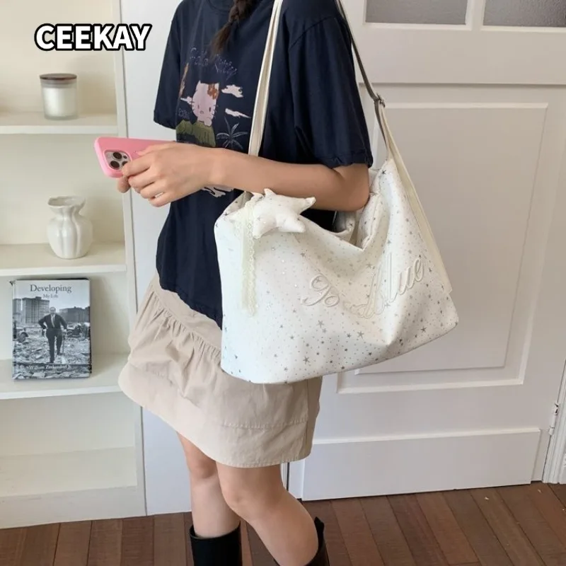 

CEEKAY Minimal Tiny Star Print Crescent Large Tote Bag Star Tassel Pendant Accent Two Ways Carry Light Portable Shoulder Purse