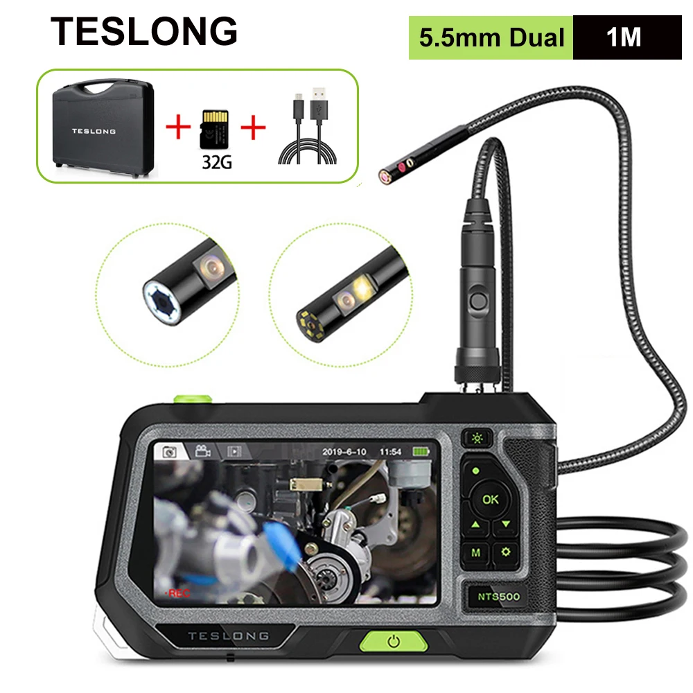 Teslong NTS500 5.5mm Dual Lens 1080P Endoscope IP67 Inspection Camera Borescope for Car Engine Check Pipeline Repair