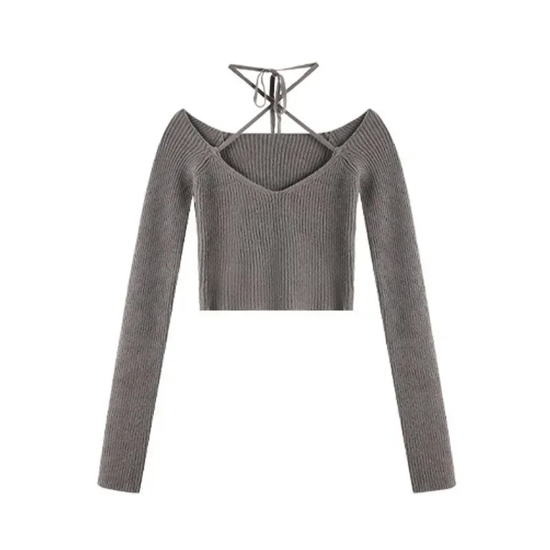 Long Sleeve Sweaters Off Shoulder Y2k Aesthetic Fairy Grunge Grey Cropped Sling Tops Korean Style Kittted Hotsweet Clothing