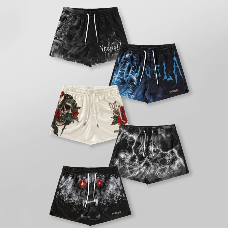 YOUNGLA-pantalones cortos deportivos de cuatro puntos para hombre, shorts deportivos con estampado 3D de Calavera, malla transpirable de secado rápido para correr en la playa