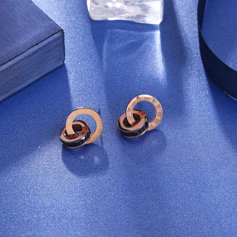 OIMG Stainless Steel Earrings New Classic Simple Roman Numeral Inlaid Zirconia Circle Pendant Stud Earrings For Women Jewelry