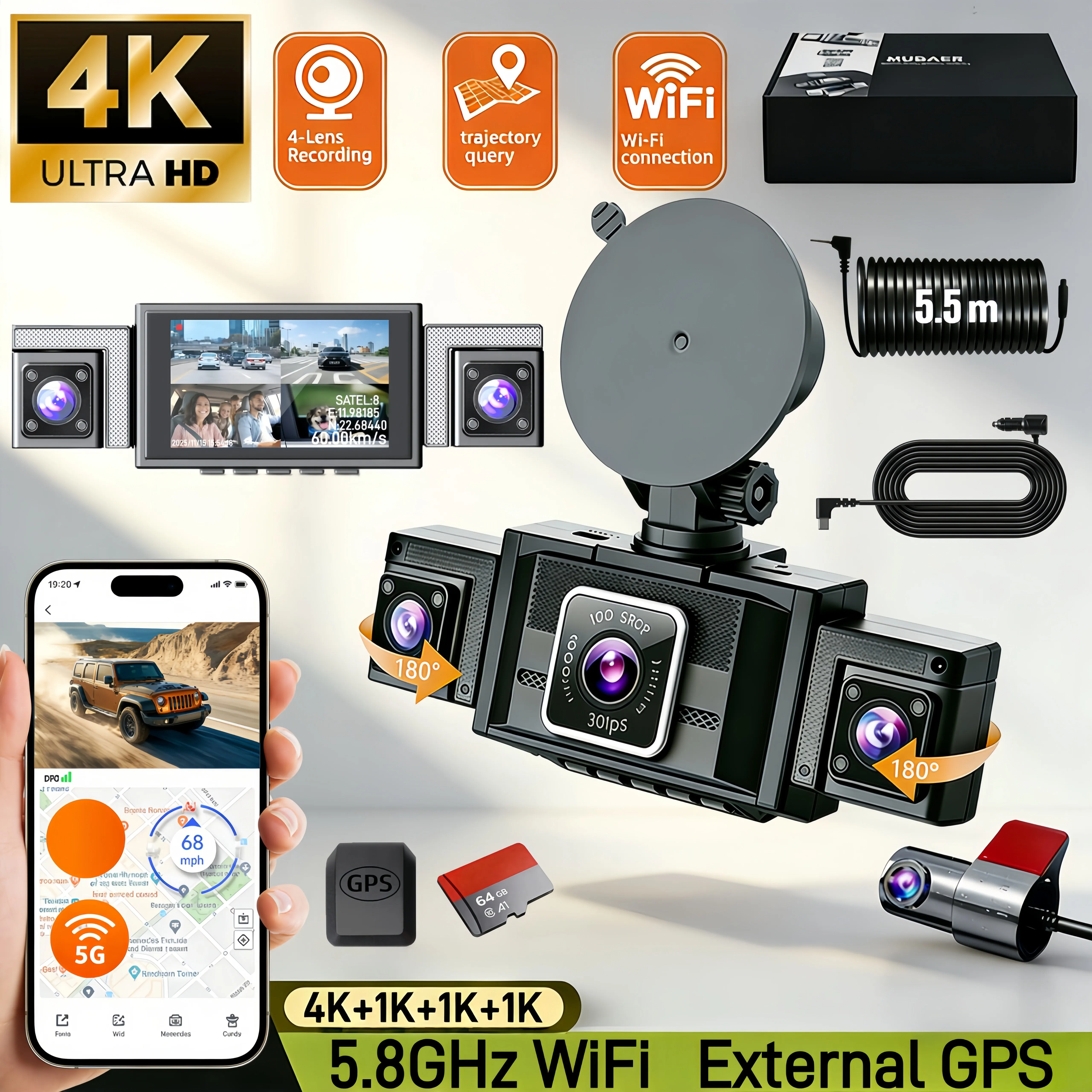 4K Dash Cam Mirror with Built-in WiFi And External GPS 4-Channel Recording Super Night Vision Optional 32GB/64GB Card Ultimate