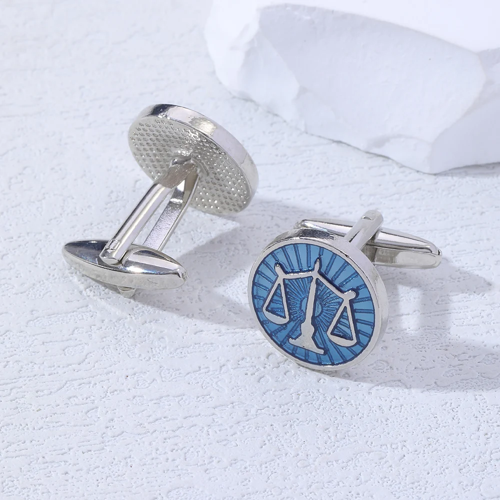 New In Law Lawyer Attorney Judge Gavel Scales of Justice Cufflinks Round Blue Enamel Balance Court logo Cuff Links