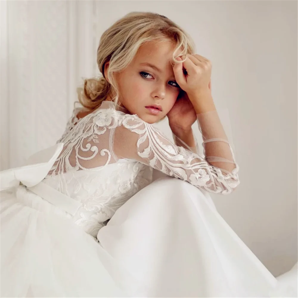 Vestidos de primera comunión, vestidos de niña de flores de Ángel Blanco, apliques de patrón blanco satinado, manga larga para boda, fiesta de cumpleaños