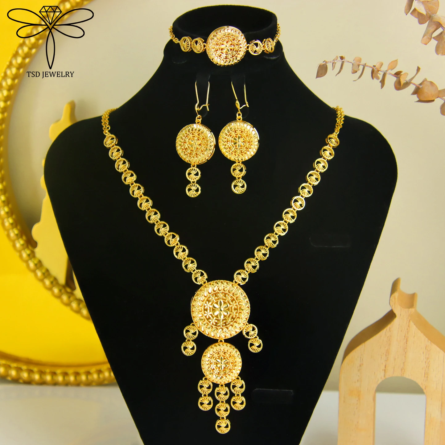 

Luxury Moroccan Bridal Marry Jewelry Set 24k Gold Plated Ethiopia Wedding Necklace Bracelet Earrings South Indian Jewelrys