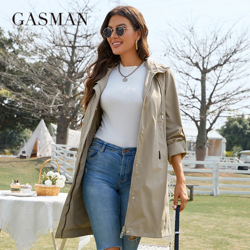 GASMAN women\'s jacket spring 2022 Long fashion hooded trench coat for women High quality windproof zipper coats woman GW-82103