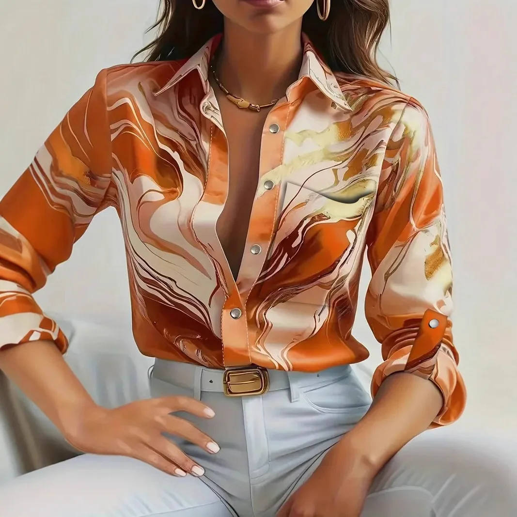 Print Shirt Women Top Single Breasted Turn Down Collar Full Sleeve Pocket Vintage Blouse Autumn Office Lady Overshirt 2025 - Image 4