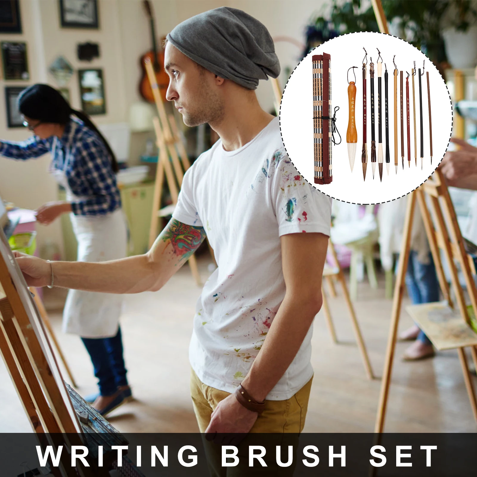 

Paint Brush Four Treasures Set of Study Calligraphy Painting Pen Thick Ink Chinese for Watercolor Student