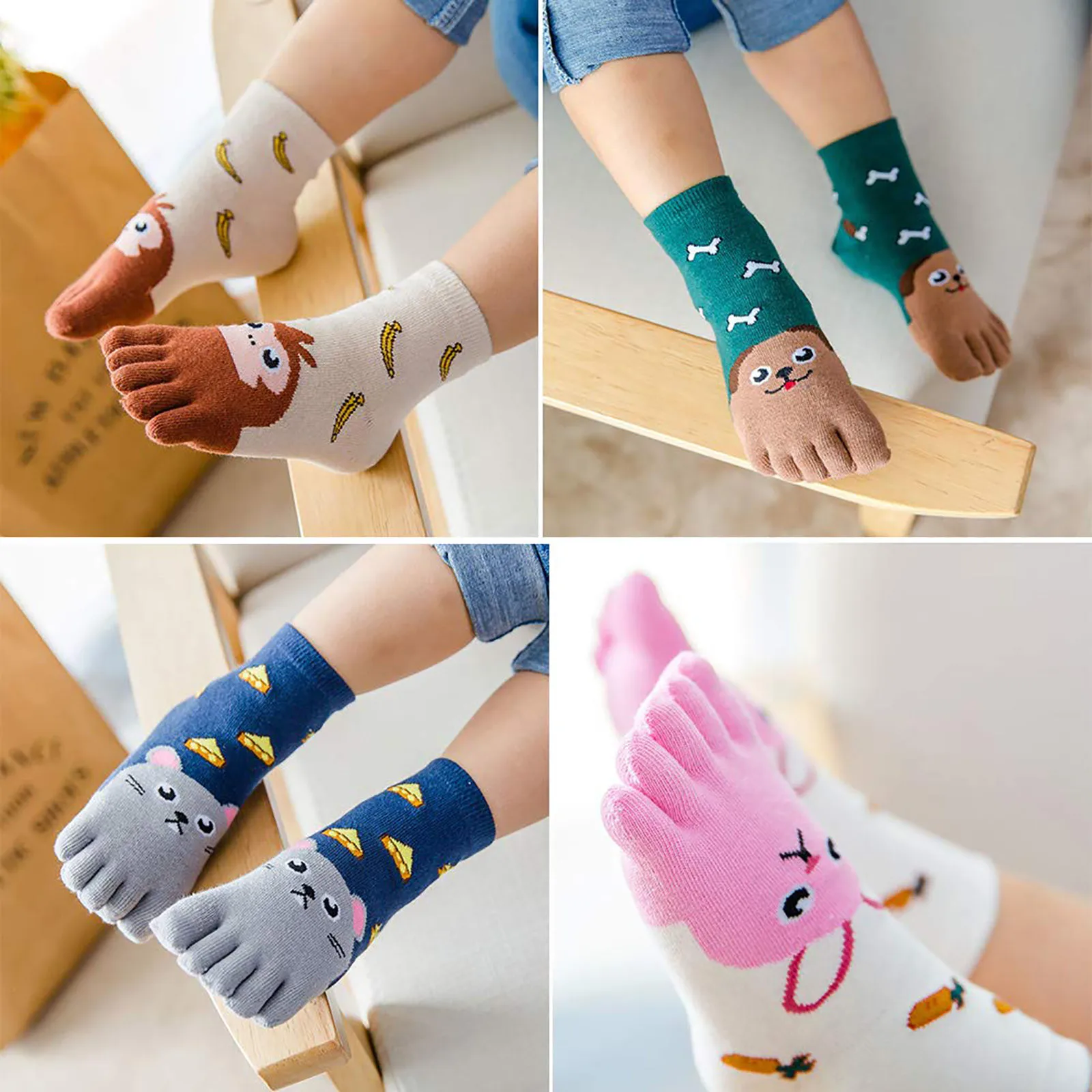 5 Pairs Of Toe Socks Cotton Children Five Finger Socks Cute Cartoon Animal Pattern Socks For Girls Children\'S Socks Boys