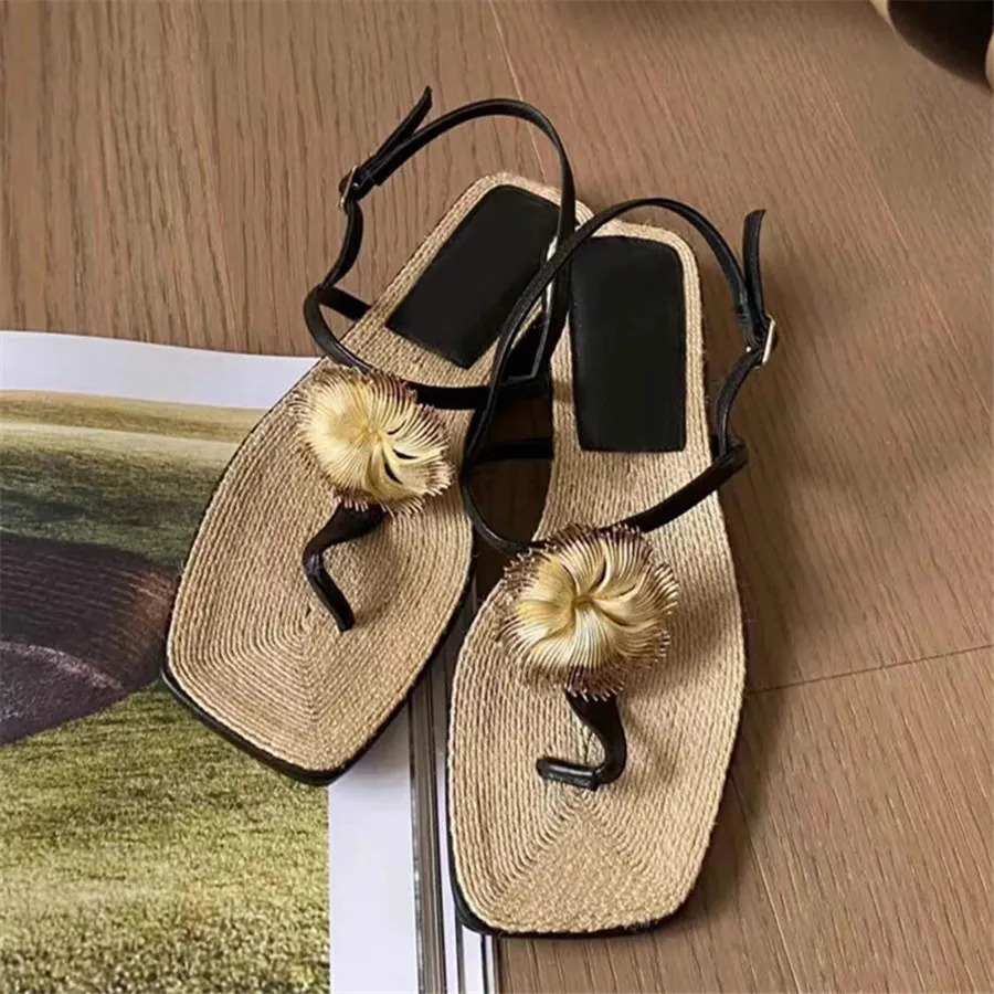 Sandali estivi firmati moda infradito in paglia scarpe da spiaggia con punta quadrata donna Bohemia Vocation Flats Holiday Casual Slides
