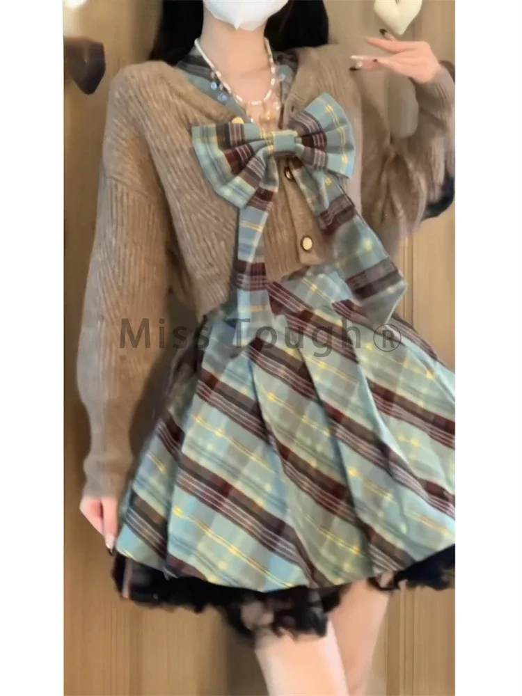 College Style Kawaii Two Piece Set Women Grey Short Sweater + Bow Sleeveless Dress Suit Japanese Sweet Plaid Sets Autumn 2024