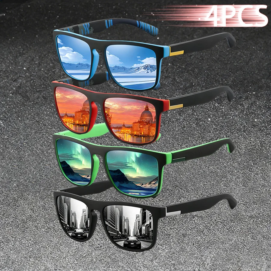 4 Stück Vintage Klassische Quadratische Sonnenbrille mit Farbigem Streifendesign für Männer und Frauen Angeln Fahren Wandern Mode Markendesigner Sonnenbrille