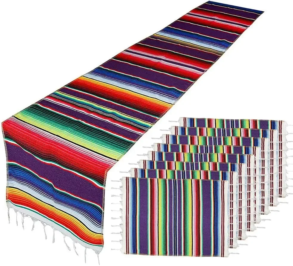 1PCS Mexican Stripe Table Runner with 8PCS Placemats Combination Set ,Cotton Dining Table Decor for Cinco de Mayo Mexican Fiesta