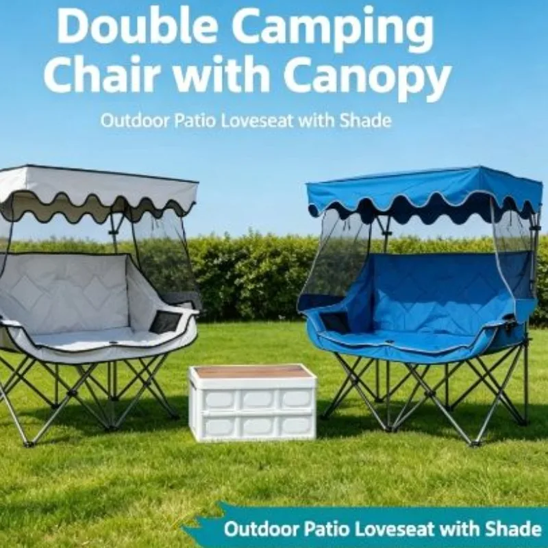 Foldable Double Camping Chair with Canopy and Mosquito Net Portable Outdoor Lounge Seat for Beach Fishing Garden Picnic