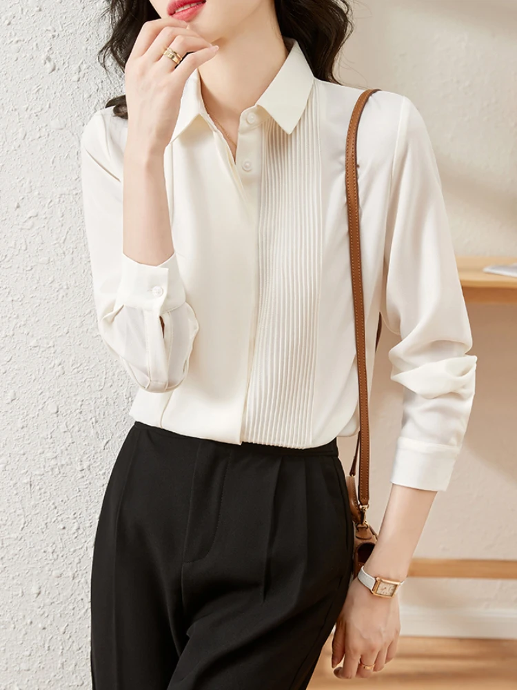 Elegant Office Lady Blouse Women Long Sleeve Lapel Formal White Shirt Blusas Mujer De Moda 2024 Korean Style Female Basic Tops