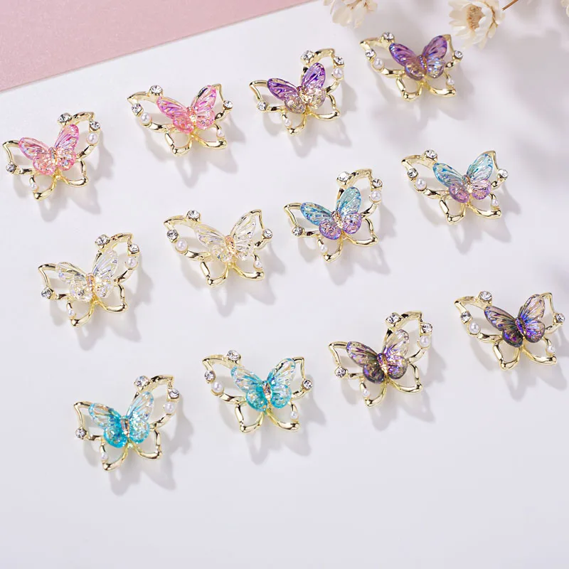 10 pçs borboleta encantos do prego ouro prata acessórios do prego material de liga resina peças do prego para manicure imprensa em unhas com gel