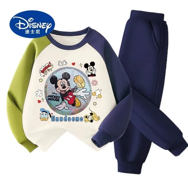 طقم هودي لامع للأولاد مكون من قطعتين من ديزني - طباعة ميكي متغيرة الألوان 2025 زي كرتوني جديد للخريف للأطفال الكبار