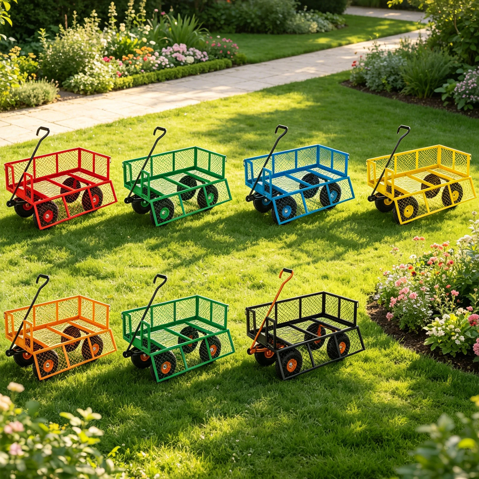 500LB Steel Garden Cart Utility Wagon, Heavy Duty Mesh Metal Yard Cart With Removable Sides, 10'' Tires, Flex Handle For Yard Lawn