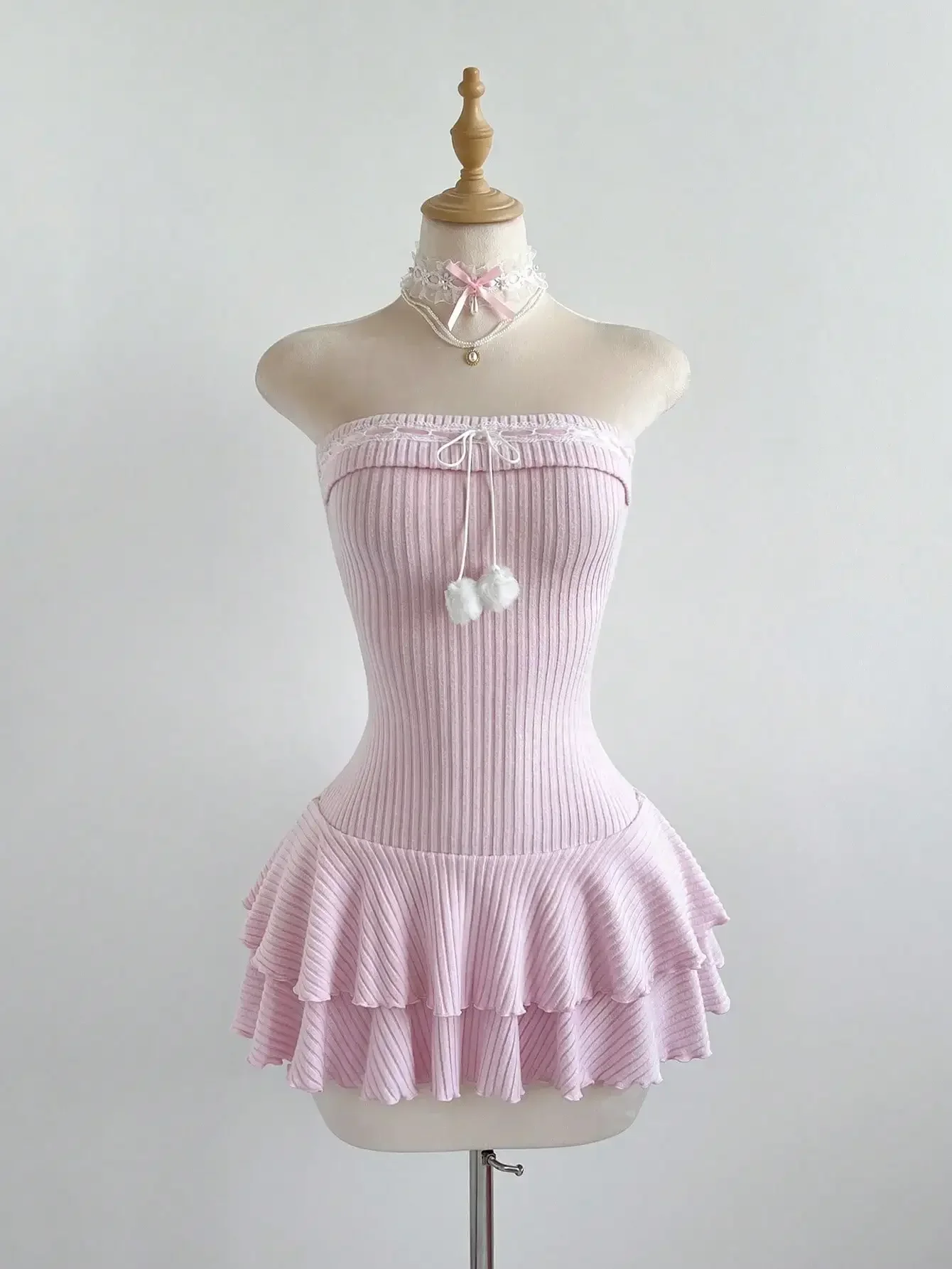 

Elamini Knitted Ruffled Hem Pom Pom Decor Cropped Waist Layered Ruffle Hem Mini Dress, Feminine, Elegant, Vintage, Suitable For