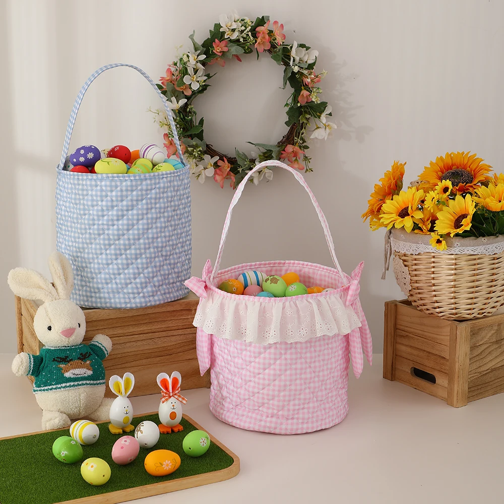 Easter Basket With Lace For Kids Trim Cute Quilted Gingham Egg Hunting Basket Spring Gift-giving Easter Accessory Party Supply