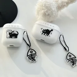 Soft Earphone Case For Apple Airpods 4 1 2 3 Pro Black Cartoon Cat Dog Bluetooth Headset Protective Cover with Fishbone Pendant