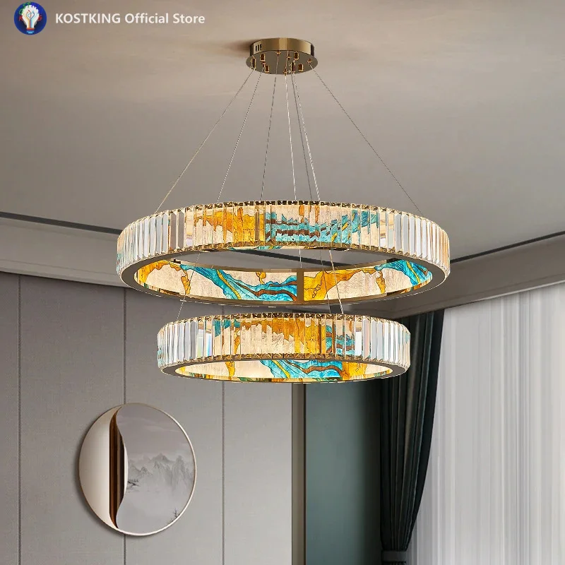 New Chinese enamel crystal ceiling light Fashion luxury LED bedroom study restaurant staircase villa creative hanging light
