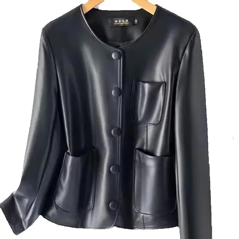 

Spring And Autumn New leather Jacket Short Jacket Women's New Round Neck Slim Fit leather Jacket Women's PU leather Jacket Coat