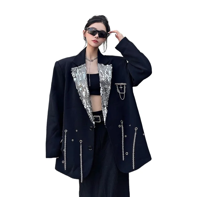 

Женский пиджак с металлической цепочкой, весенне-осенний пиджак, пальто, новый свободный костюм с подкладкой на плечах, лоскутный костюм с пайетками