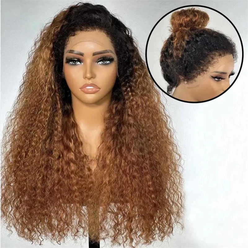 180 densidade ombre marrom kinky encaracolado 26 Polegada longa peruca dianteira do laço para mulheres cabelo do bebê diário natural linha fina preplucked sem cola