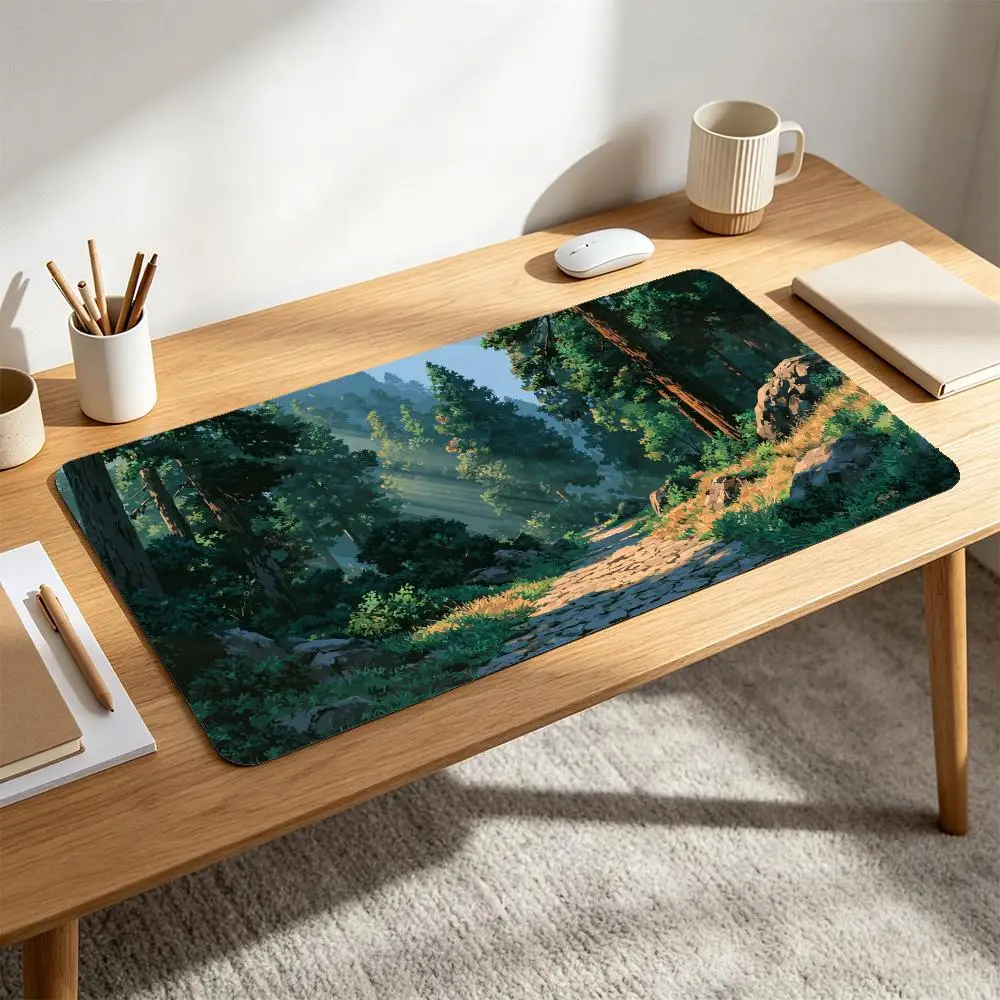 Anime Forest Mountain Path Large Mouse Pad Sunbeam Ray Green Pine Trees Stone Trail Rock Nature Scenery desk accessories
