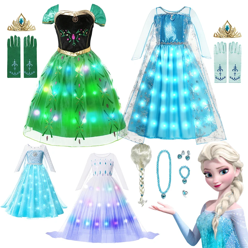 LED Light Frozen 2 Snow Queen Elsa Anna for Girls Kids Cosplay Costumes 2023 Party Prom Gown Robe Play Clothes Princess Dresses