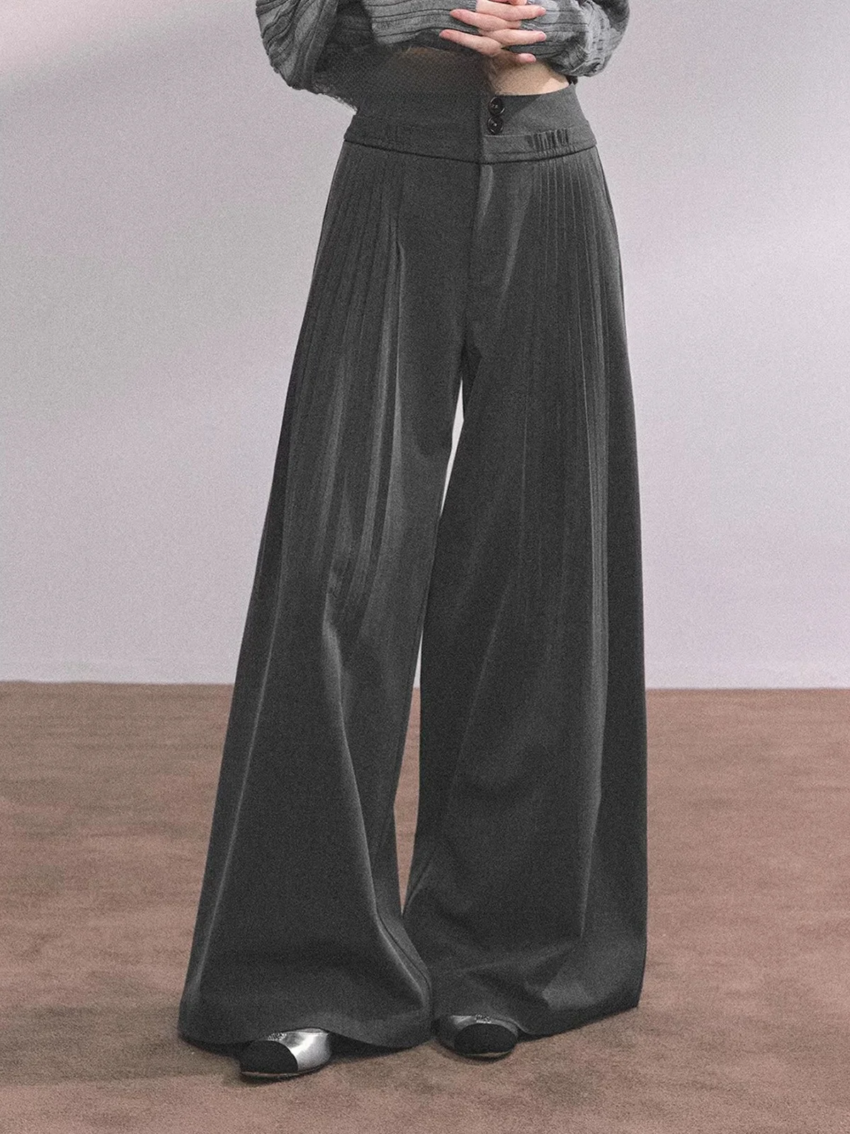 

AOMALM Loose Wide Leg Pants Women's Casual Trousers American Sle Lazy Pants High Waist Button Polyester Fiber