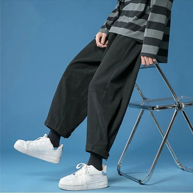 

Balck Corduroy Men Casual Pants Straight Wide Leg Outdoor Ankle Length Sweatpants