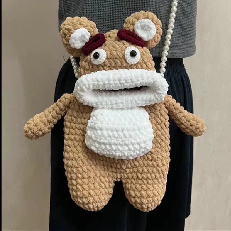 Handmade crocheted large mouthed bear crossbody bag, cute and cute storage bag for girls, large capacity shopping bag, doll bag