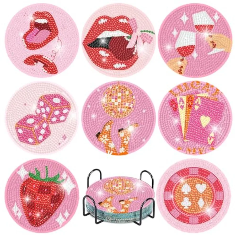 

Pink Vintage Diamond Paintings Coasters Kits Set8 Pieces Retro Funny Drinks Diamond Art Painting Coasters Kit with Holder 5D DI