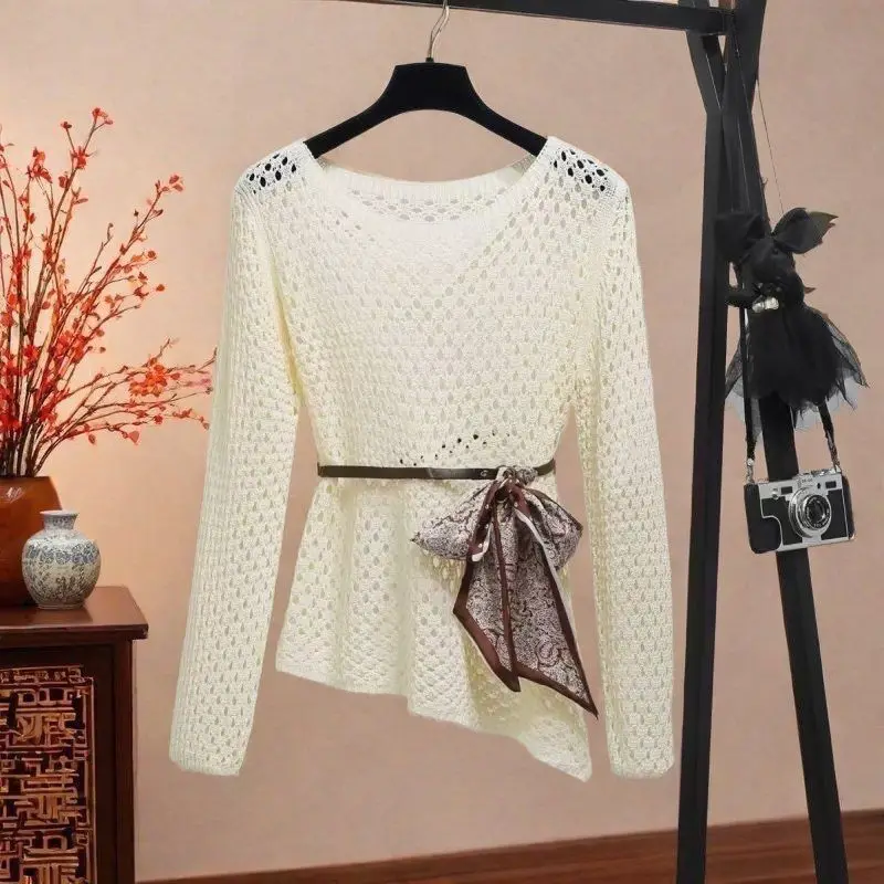 Fashion Hollow Blouse Knitted Sweater Women Spring Autumn Suspender Dress And Pullover Shirts 2-piece Set Korean Knit Tops