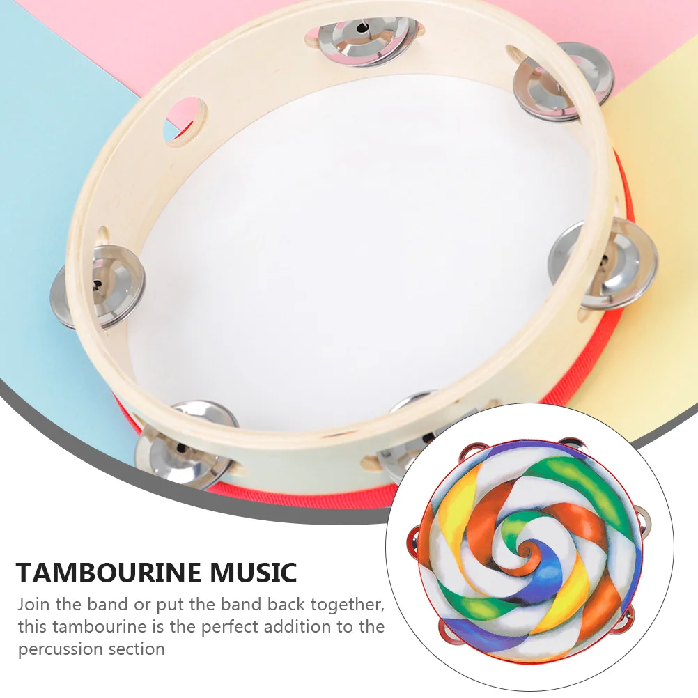 

Tambourine Colorful Percussion Drum Musical Instrument Brain Development Toy Handbell Solid Wood for Kids 8 Inch