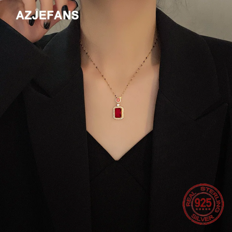 AZJEFANS 925 Sterling Silver 18K Gold Plated Emerald Zircon Pendant Necklace Gift For Girl Fine Jewelry