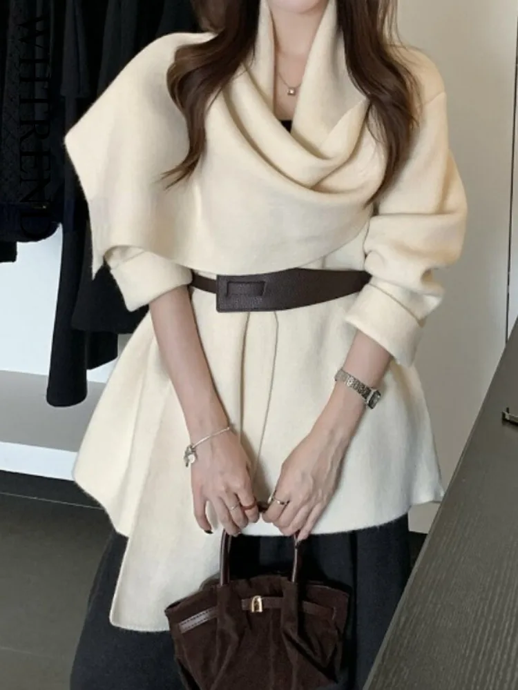 

WHTREND Scarf Collar Knitted Cardigan For Women Korean Style Loose Elegant Knitwear With Belt Autumn Winter New WH1939