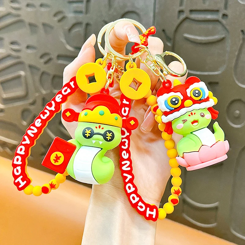 Cute Awakening Lion God Of Wealth Hat Snake Year Pendant Key Chains Backpack Car Key Hangings Decoration Accessories