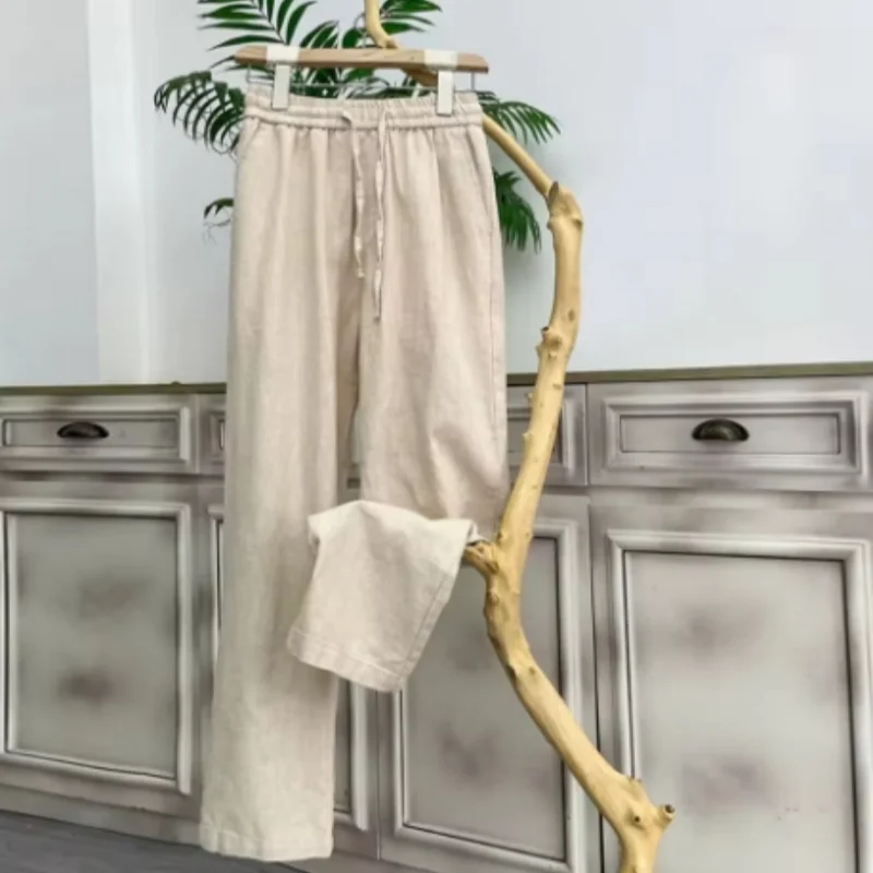 

S-5XL Solid Color Multi-pocket Drawstring Loose Straight Men Pants Large Size Casual Breathable Comfortable Linen Summer Trouser