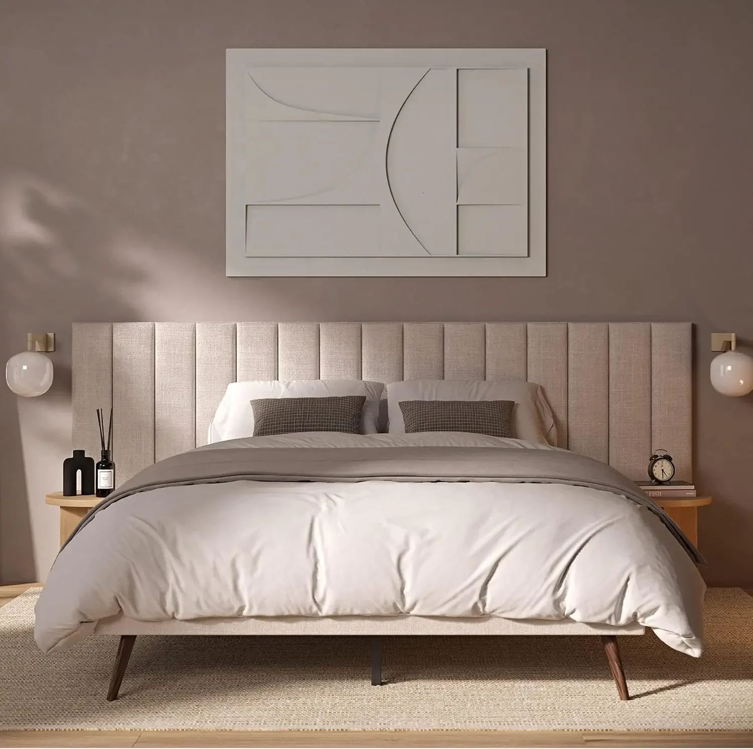 

Queen Bed Frame with Extended Headboard, Timeless Beige Fabric, Splayed Wood Legs, Solid Wood Legs, Wood Slat Support