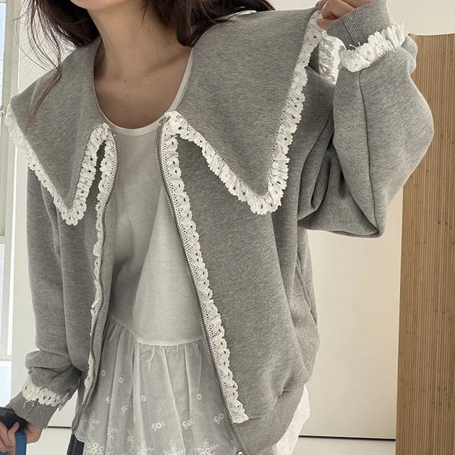 Fashionable Patchwork Large Collar Design Sweatshirt Jacket Women's All-Match Warm Long Sleeve Outerwear Straight Body Type