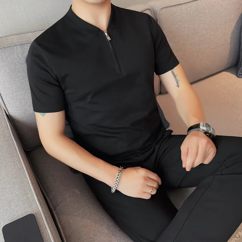 Korean Zippered Polo Shirt for Men Short Sleeve Casual T-shirts Fashion Business Collarless T-shirt Social Office Tee Tops M-4XL