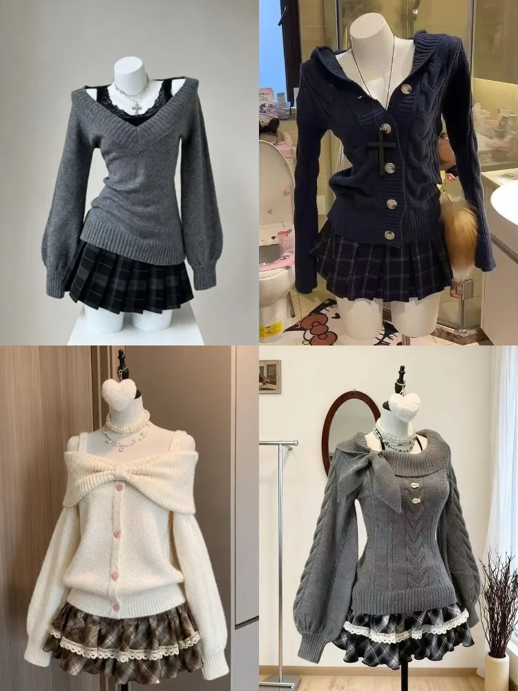 Harajuku Y2k 2 Piece Outfit Women Kawaii Knitted Sweater Slim Plaid Mini Skirt Japanese Style Chic Fashion Girls Matching Suit