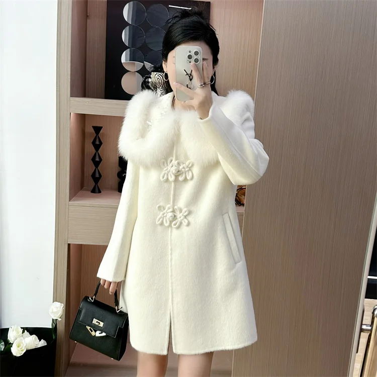 2024 Winter Women Cashmere Wool Woolen Coat Natural Fox Fur Collat Cuffs Jacket Ladies Outerwear Streetwear