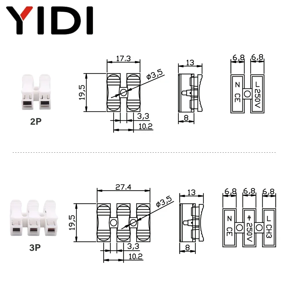 10pcs/lot 2P 3P Mini Push Quick Splice Lock Cable Wire Connector White CH2 CH3 Electrical Spring Clamp Connection Terminal Block