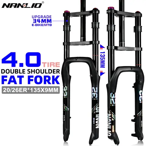 Nanlio 전기 자전거 스노우 서스펜션 포크, 더블 숄더 프론트 포크, 20×4.0 인치, 26×4.0 인치, MTB 포크, 135x9mm, 135mm 여행