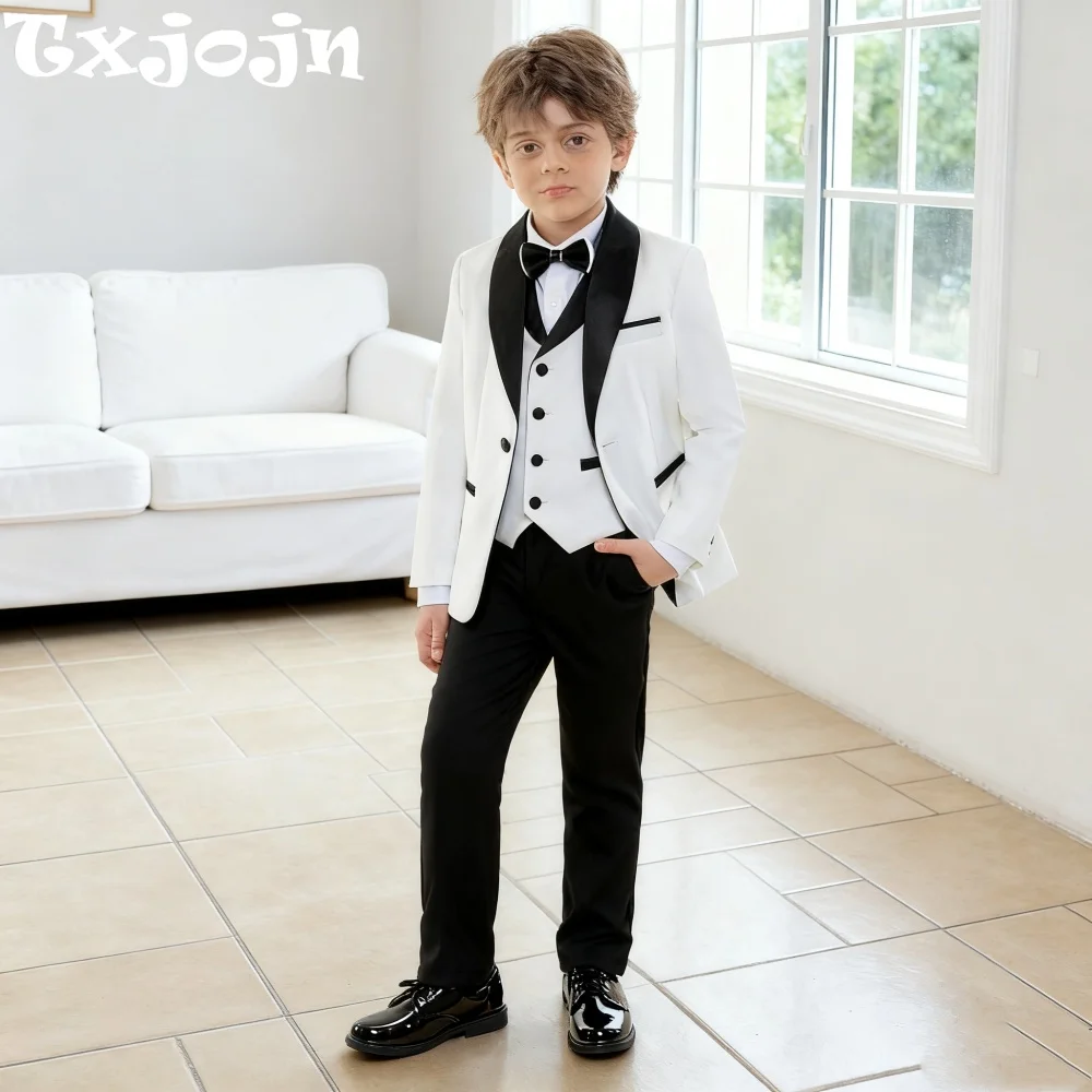 Fast Delivery White Boys Suits 4 Pieces, Stylish Shawl Lapel Kids Slim Fit Suit Set Party Outfit, Smart Children's Tuxedo 2-20T